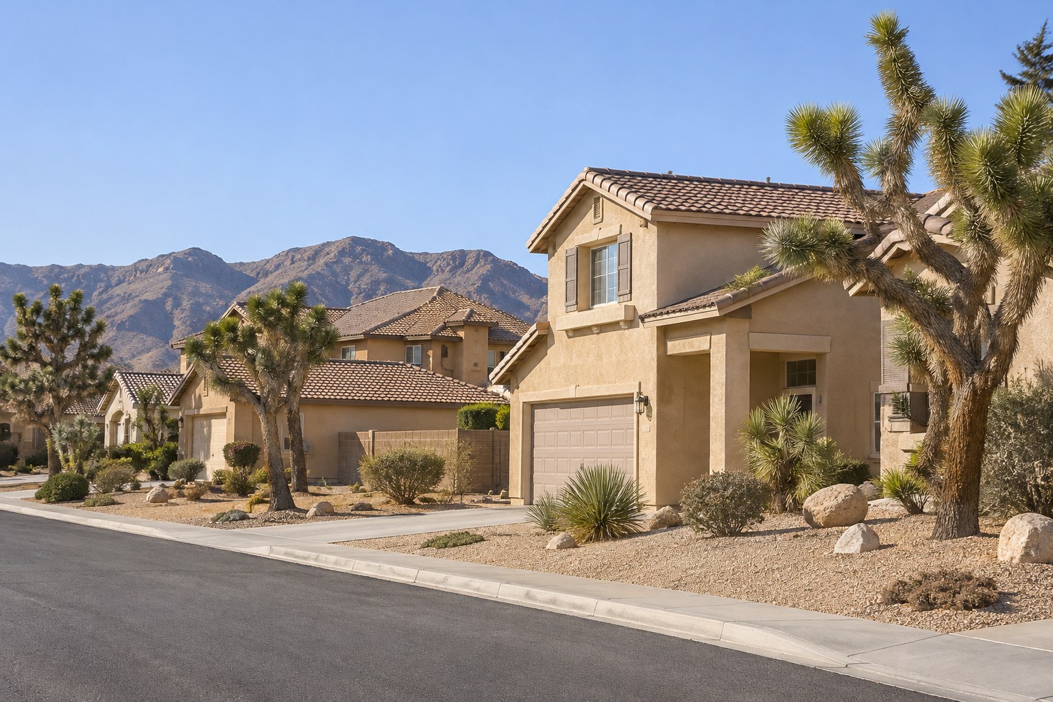 A quiet Antelope Valley street of stucco homes with Joshua trees, illustrative