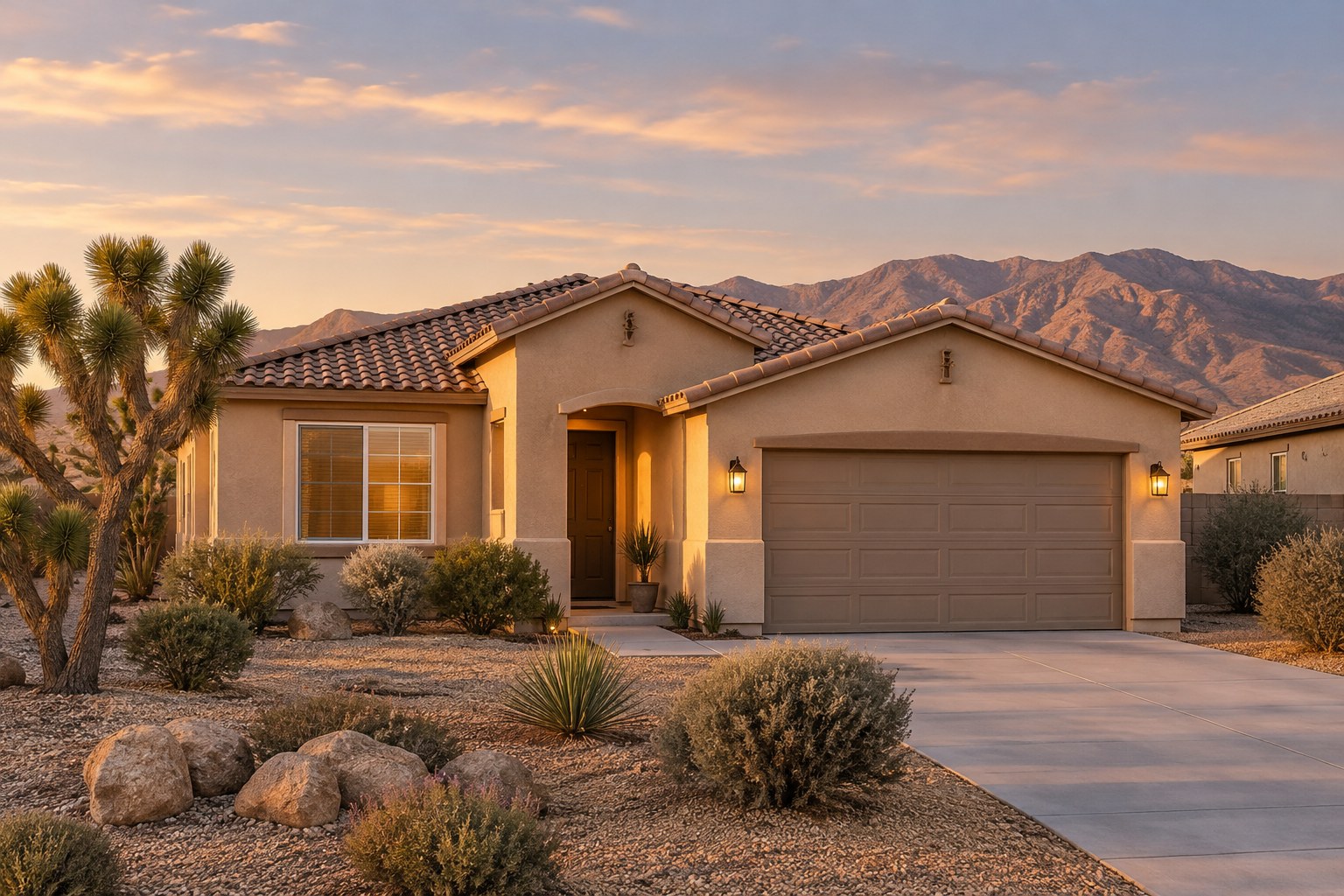 A single story stucco home with a tile roof and desert landscaping in warm evening light, illustrative