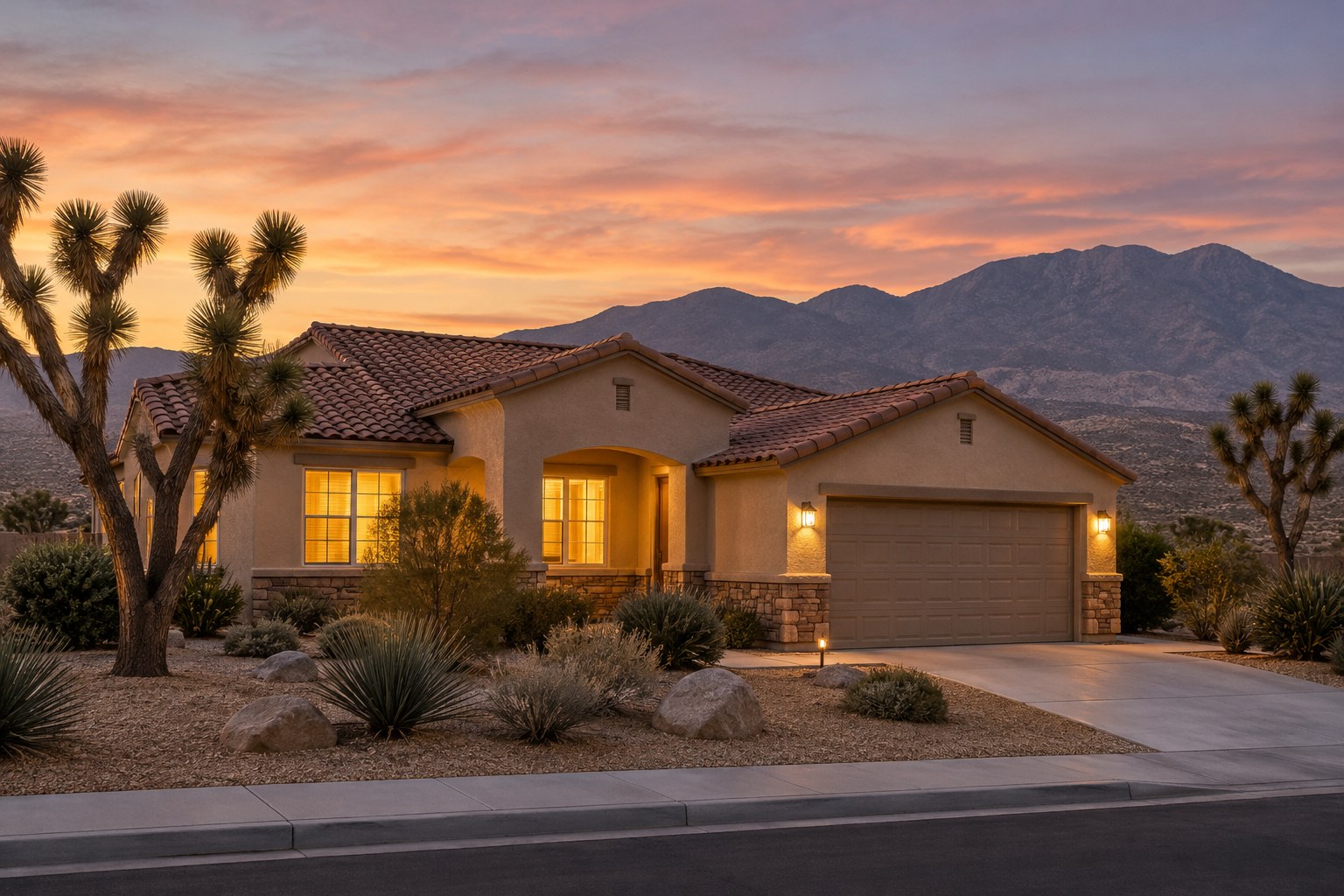 A single story stucco home with a tile roof at dusk, illustrative