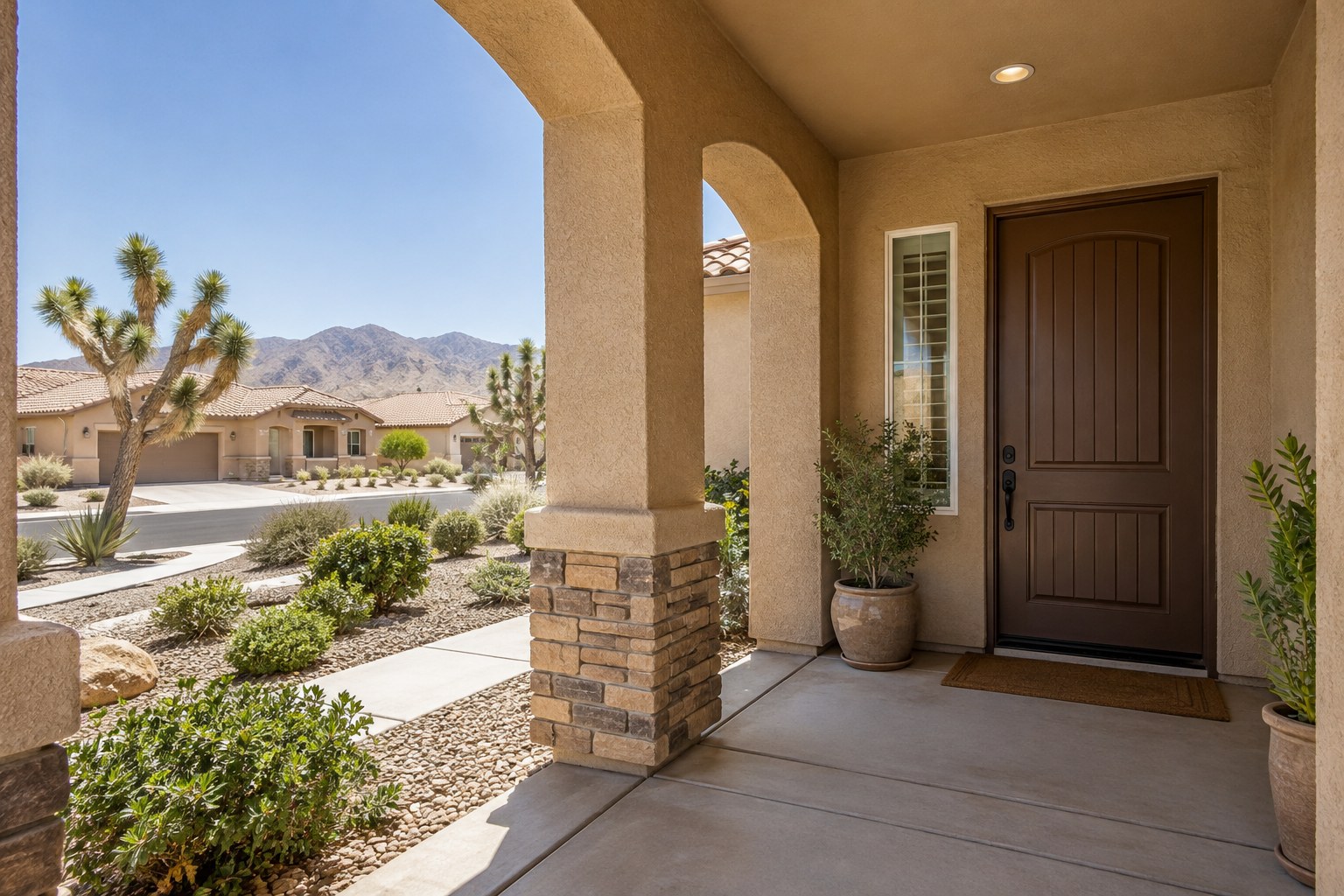 A shaded front entry of a stucco home with desert plants, illustrative